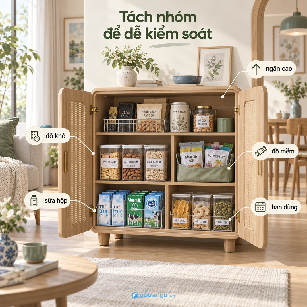 Đồ ăn vặt cần tách nhóm khô mềm đồ uống và món cần người lớn lấy