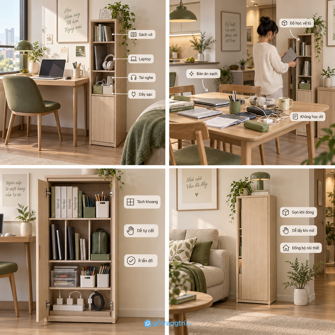 Sách vở thiết bị và dây sạc cần tách khoang rõ để con tự cất lại