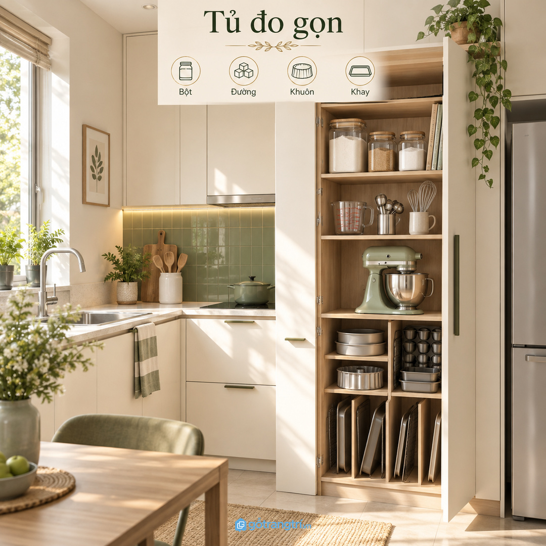 Tủ kín giúp đồ làm bánh sạch hơn và bếp nhìn chỉn chu khi không dùng