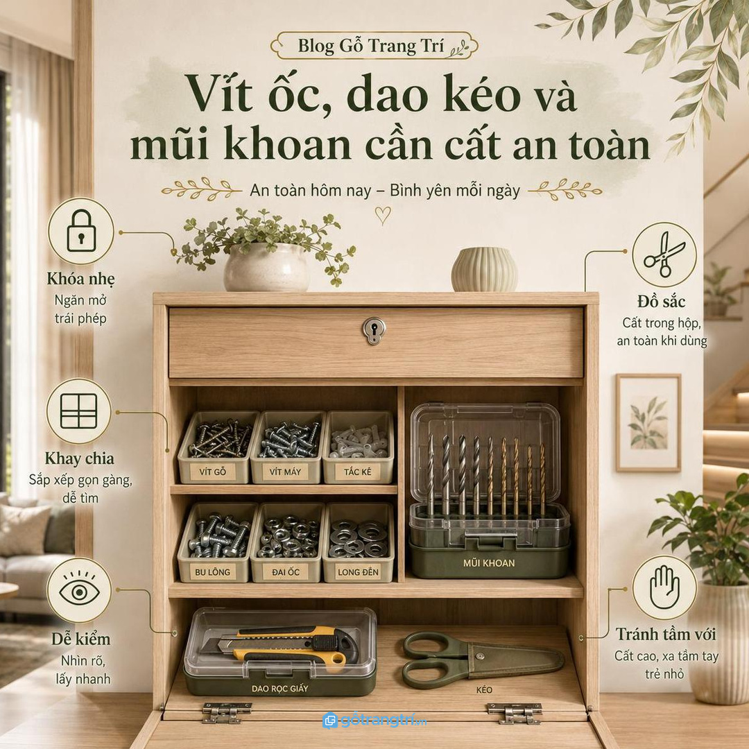 Vít ốc, dao kéo và mũi khoan cần được cất an toàn