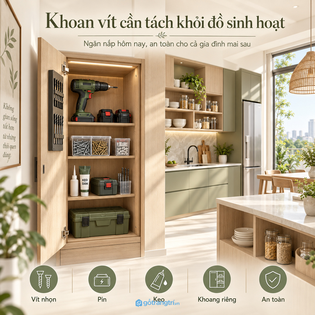 Khoan vít pin keo và dụng cụ sắc cần tách khỏi đồ sinh hoạt hằng ngày