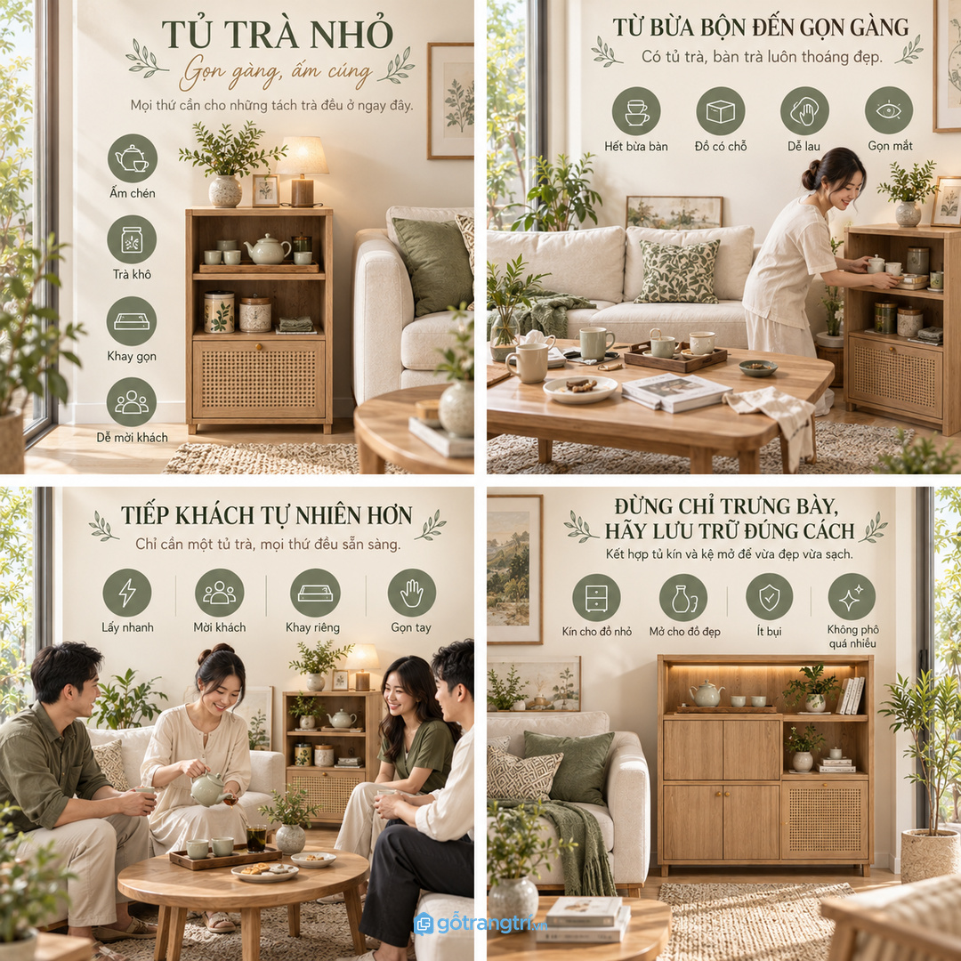 Một tủ phụ đúng vị trí giúp sẵn sàng mời khách mà không lục tìm đồ