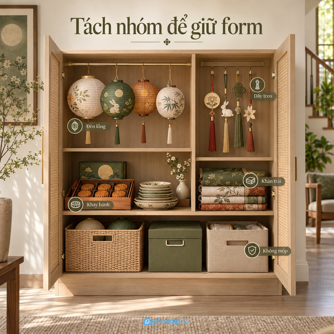Đèn lồng khay bánh khăn trải và dây treo cần tách nhóm để không móp hỏng