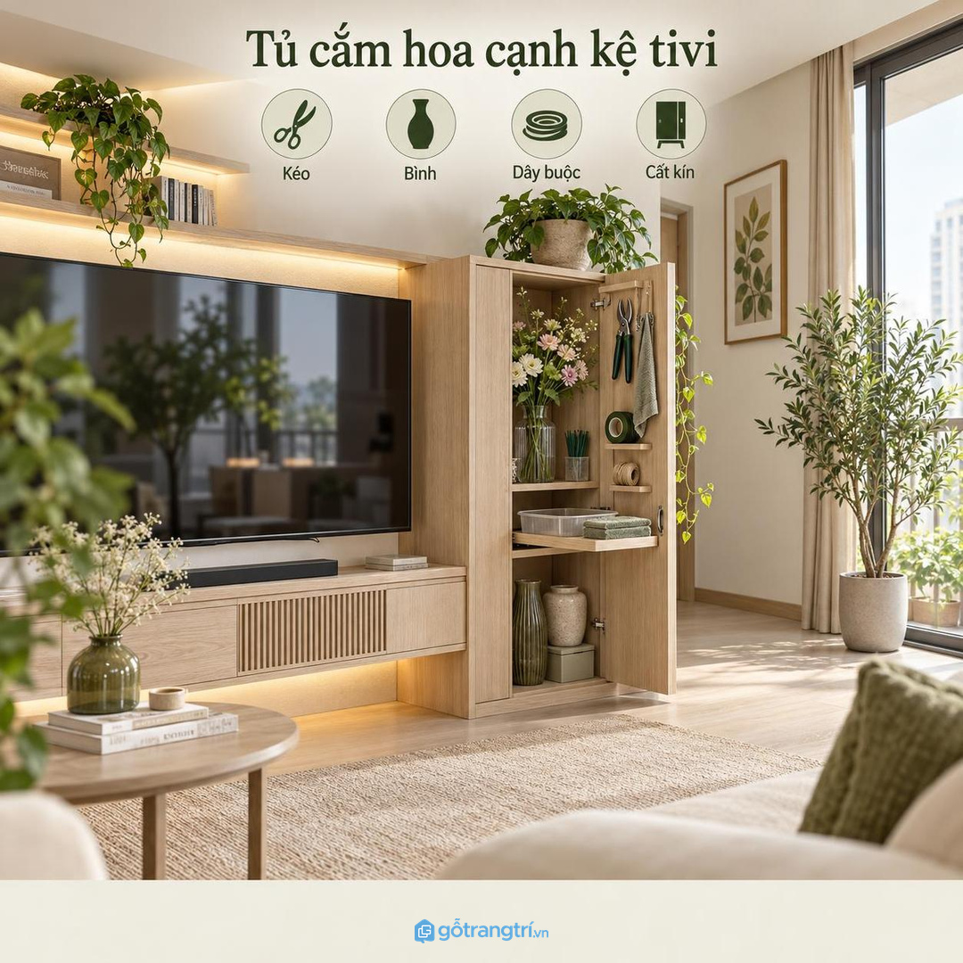 Tủ cắm hoa cạnh kệ tivi giúp phòng khách gọn mà vẫn thuận tay thay hoa