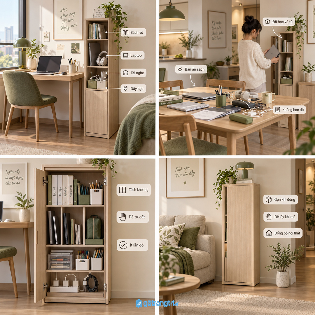 Góc học linh hoạt cần mặt bàn thoáng để chuyển đổi giữa học làm việc và sinh hoạt