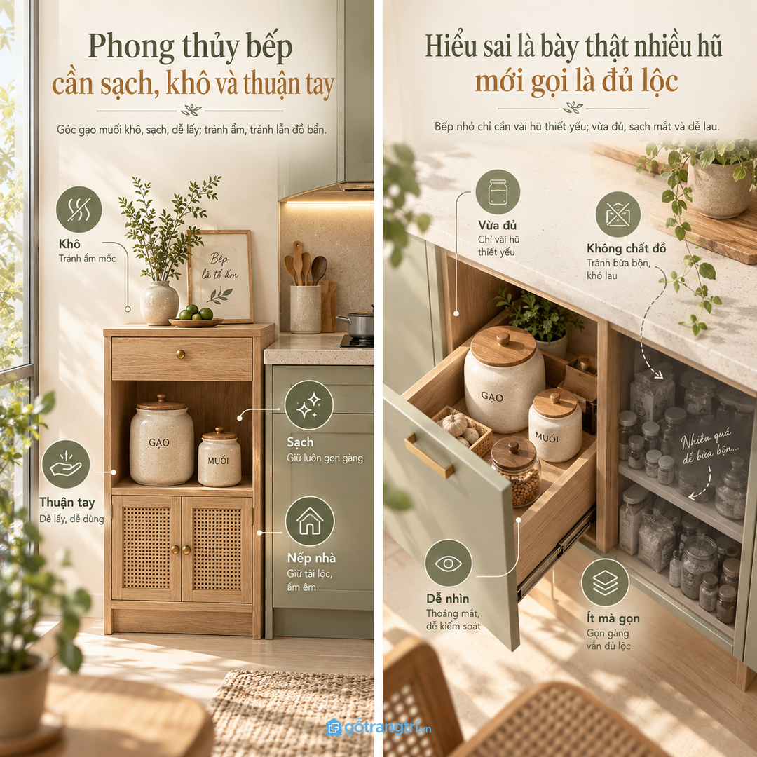 Phong thủy bếp cần sạch khô thuận tay và đủ nếp nhà