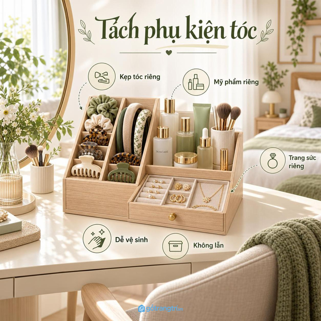 Phụ kiện tóc nên tách khỏi mỹ phẩm và trang sức