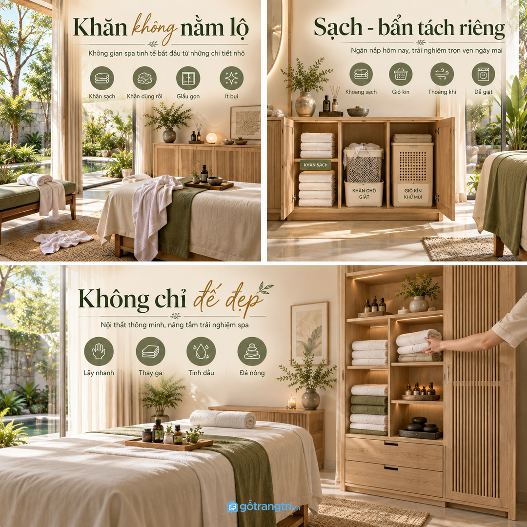 Khăn sạch khăn ẩm và khăn chờ giặt cần được tách khoang rõ ràng