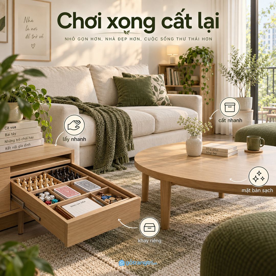 Khay rõ vị trí giúp cả nhà chơi xong cất lại nhanh và giữ mặt bàn sạch