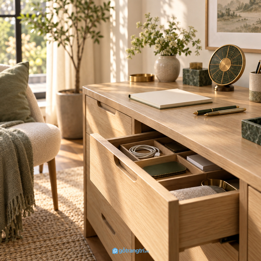 Tủ nhỏ đúng vị trí giúp mặt bàn sáng hơn và thao tác tập trung hơn