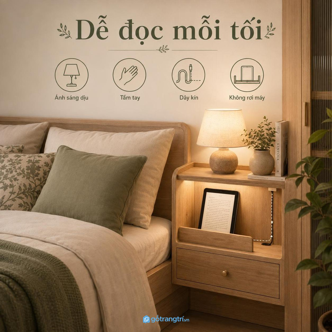 Góc đọc trước khi ngủ cần thao tác nhẹ, ánh sáng dịu và dây sạc gọn