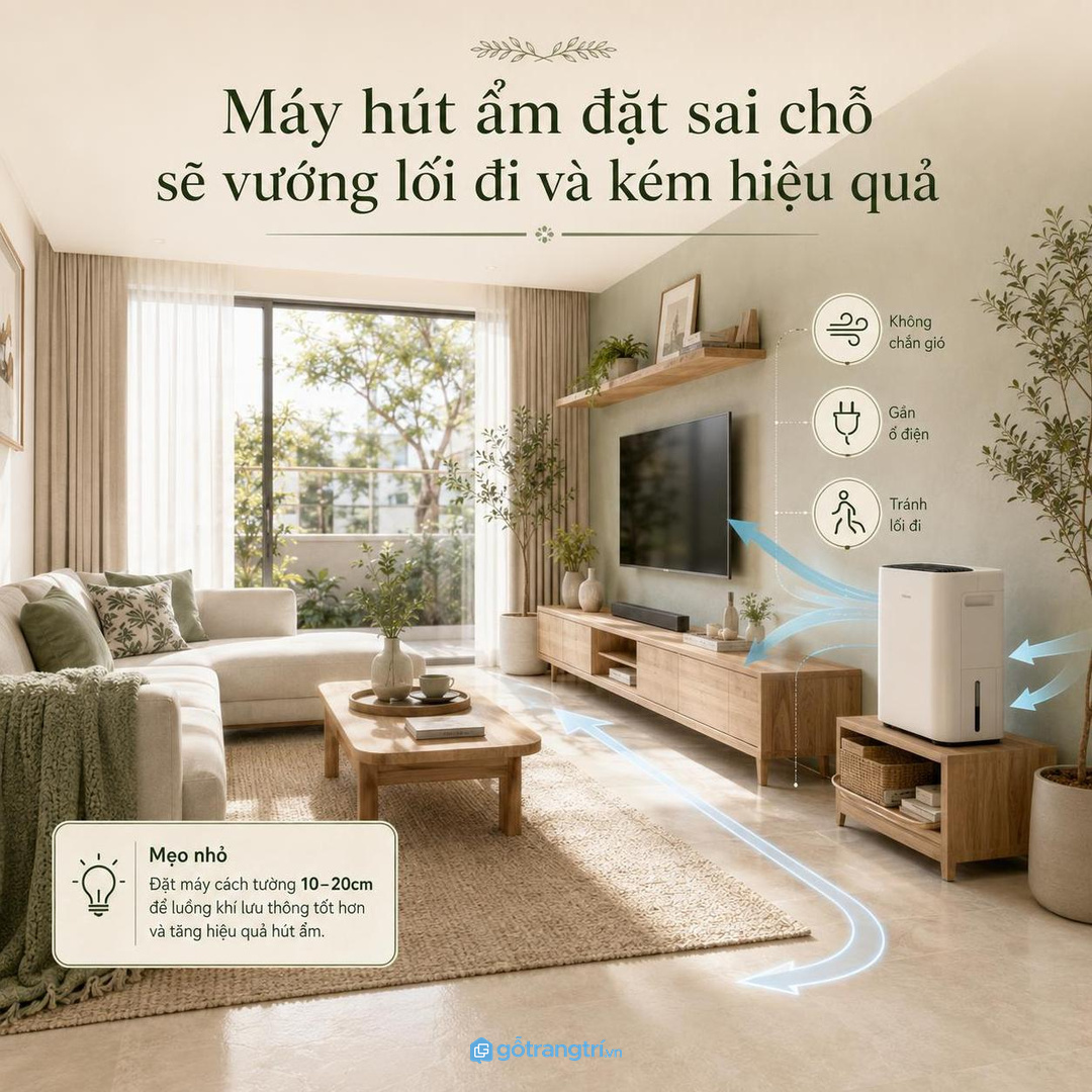 Máy hút ẩm đặt sai chỗ sẽ vướng lối đi và kém hiệu quả
