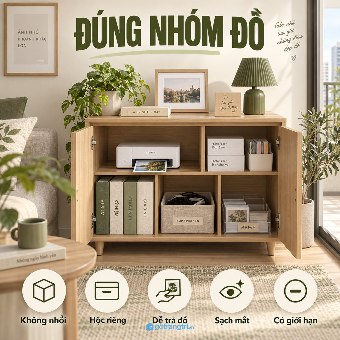 Tủ máy in ảnh mini chỉ nên chứa đúng nhóm đồ in ảnh và album liên quan