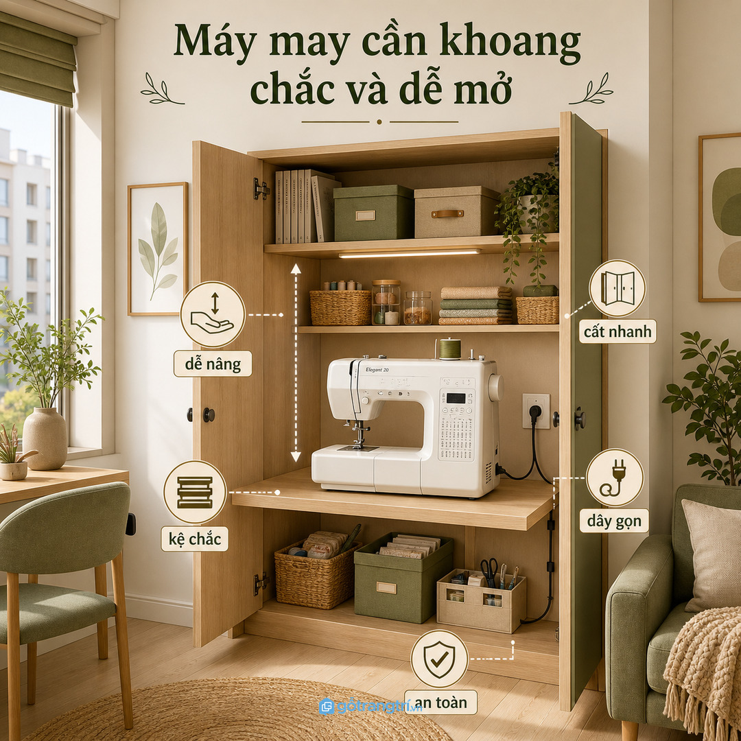 Máy may mini cần khoang chắc, dễ nâng và có chỗ cho dây điện