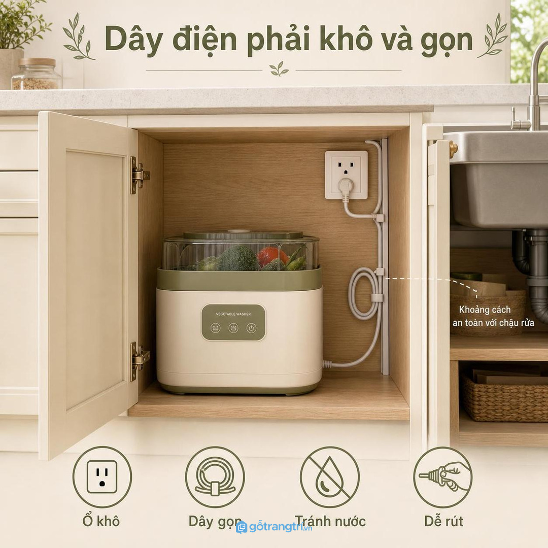 Dây điện của máy rửa rau cần khô, gọn và dễ rút sau khi dùng