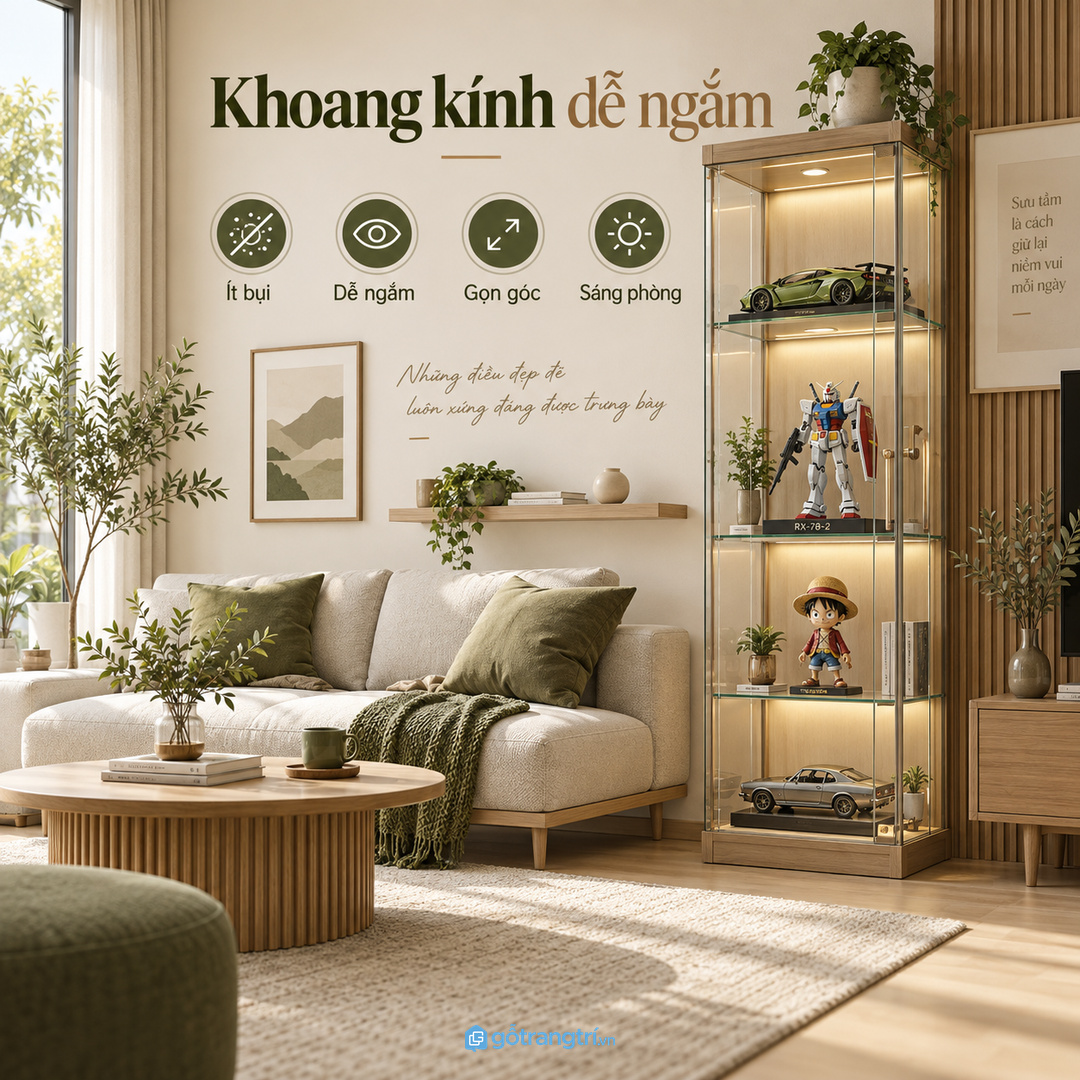 Tủ trưng bày cần đẹp từ sofa nhưng vẫn không làm phòng khách bị nặng