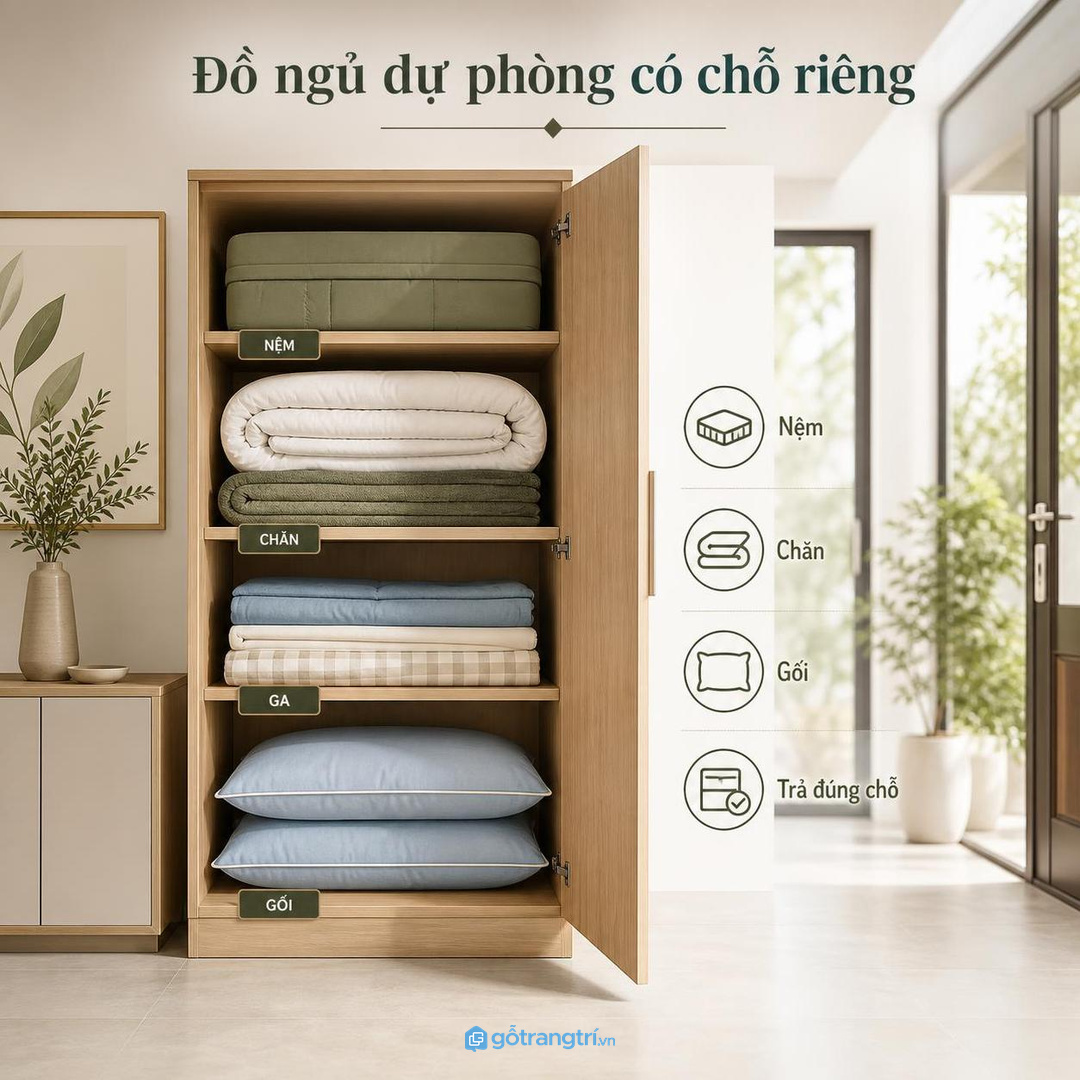 Đồ ngủ dự phòng có chỗ riêng giúp nệm chăn gối được trả đúng khoang sau mỗi lần dùng