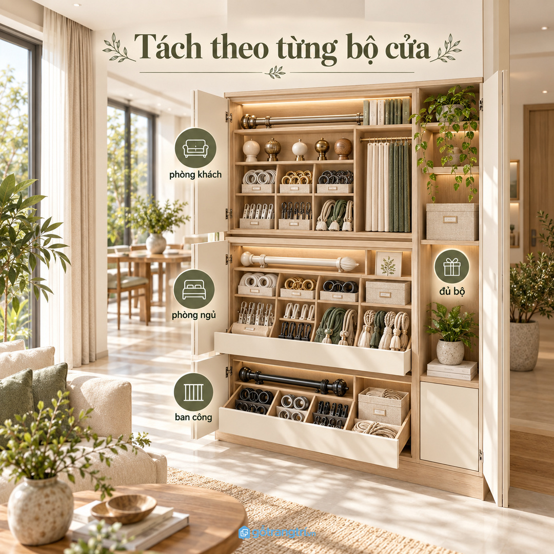 Móc rèm dây vén khoen và đầu bịt cần tách theo từng bộ cửa