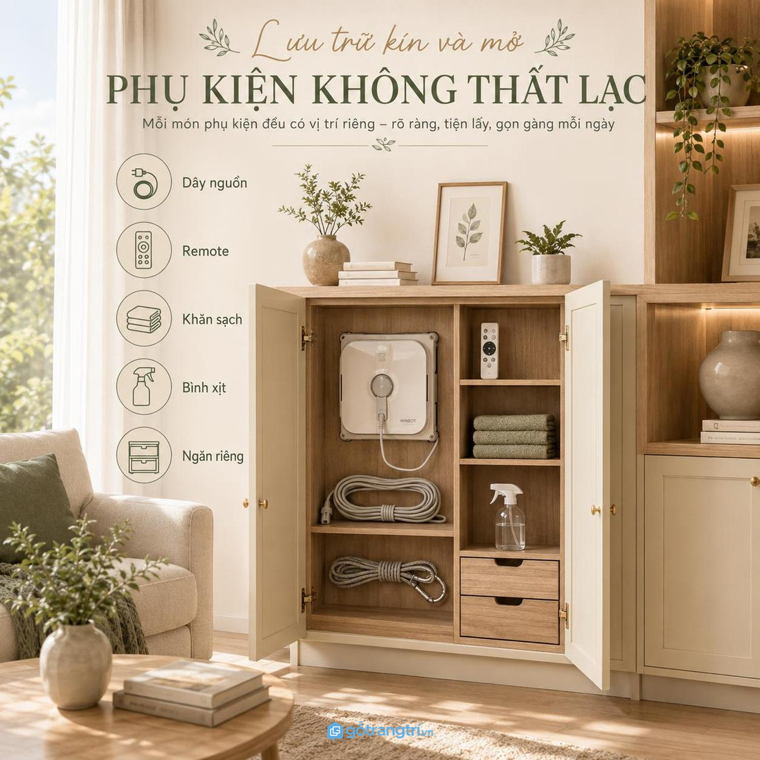 Phụ kiện robot lau kính không thất lạc khi dây remote khăn và bình xịt có ngăn riêng