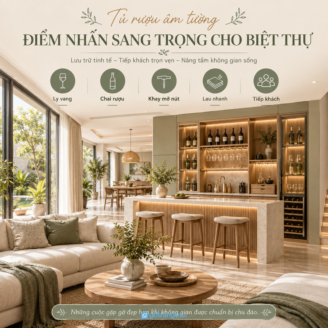 Tủ âm tường giúp quầy bar liền mạch với kiến trúc biệt thự
