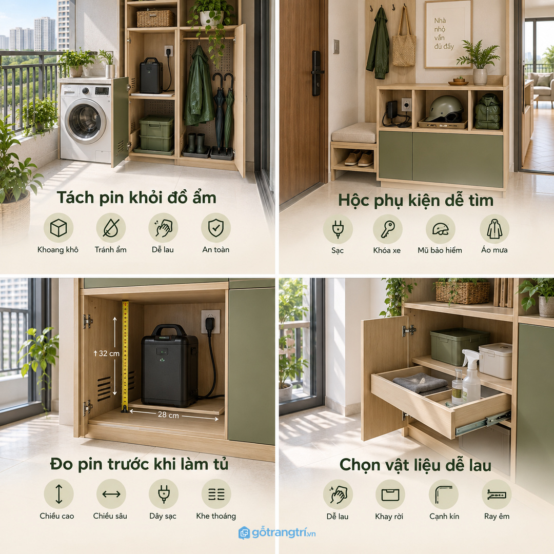 Pin xe đạp điện cần tách khỏi áo mưa đồ ẩm và vật dụng sinh hoạt