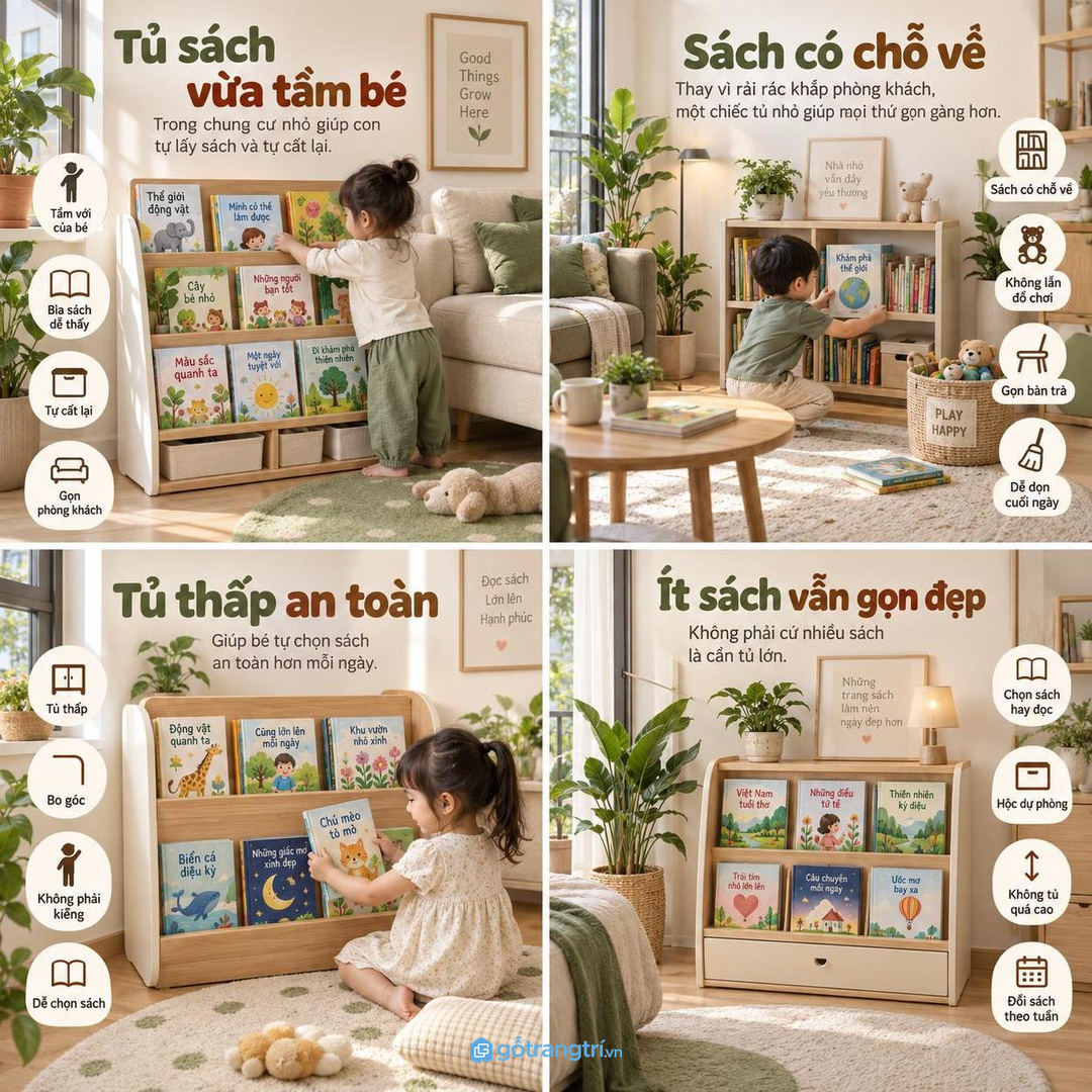 Tủ thấp vừa tầm giúp bé tự chọn sách an toàn hơn