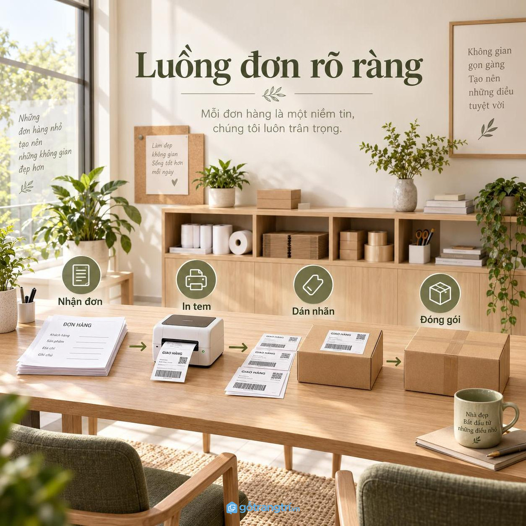 Luồng nhận đơn in tem dán nhãn đóng gói nên nằm trong một tuyến rõ