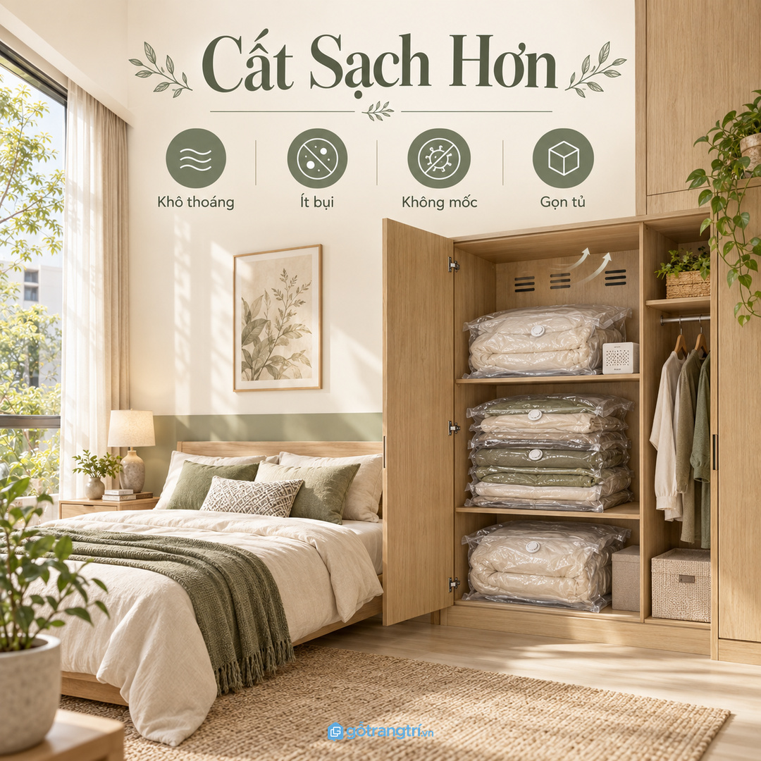 Túi hút chân không cần khoang khô thoáng để chăn áo ít bụi và ít mùi ẩm