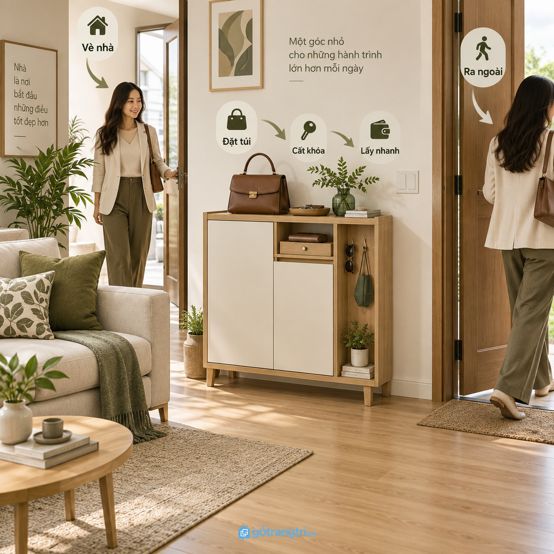 Luồng về nhà đặt túi cất khóa và ra ngoài lấy nhanh quyết định tủ có tiện hay không