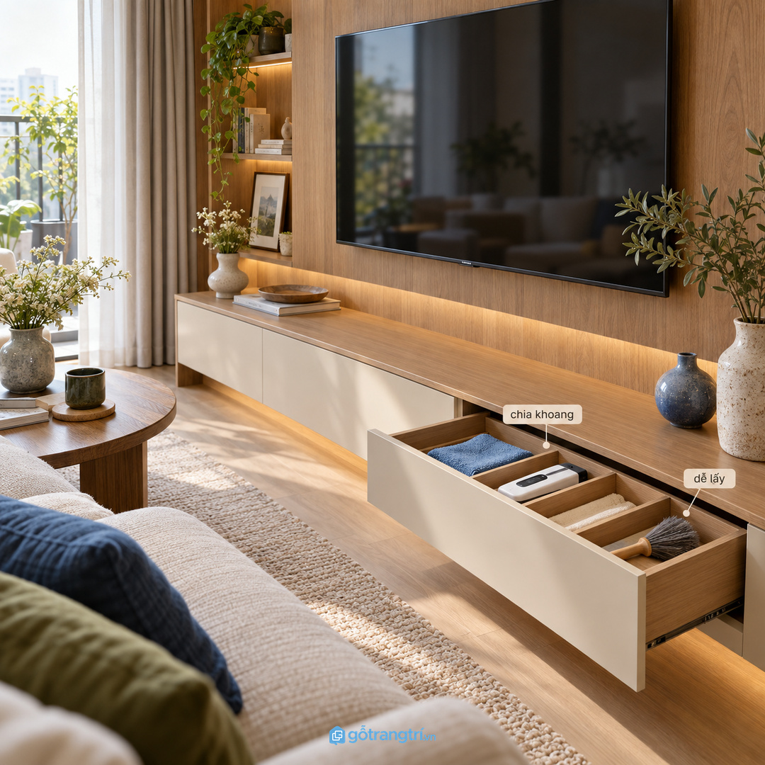 Ngăn kéo chia khoang giúp khăn lau, chổi bụi và đồ vệ sinh remote không lẫn vào đồ điện tử