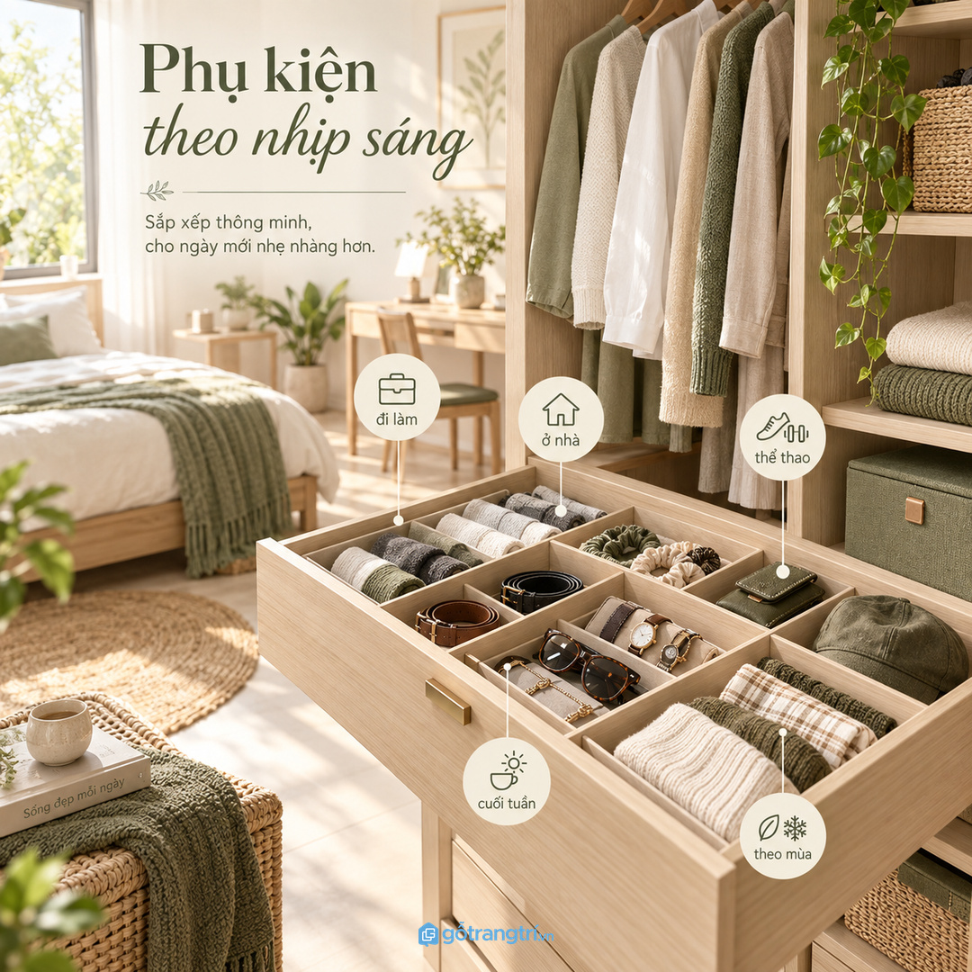 Phụ kiện thay đồ nên chia theo nhịp sinh hoạt mỗi sáng