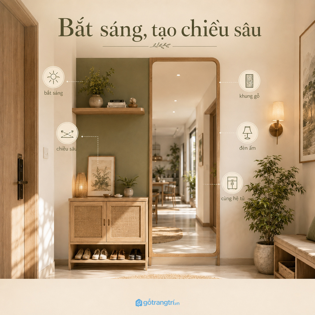 Vách gương còn giúp bắt sáng, tạo chiều sâu và làm khu cửa mềm hơn