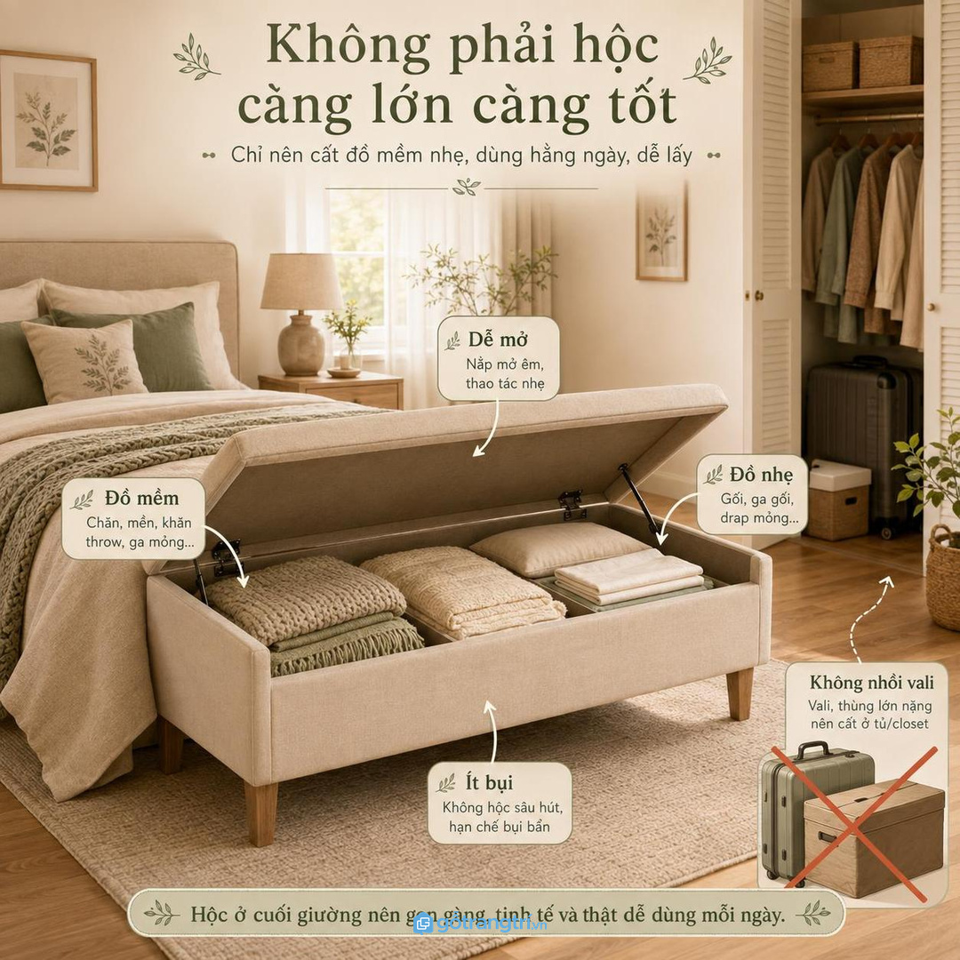 Hộc ghế chỉ nên cất đồ mềm, nhẹ và dùng gần phòng ngủ để luôn dễ mở
