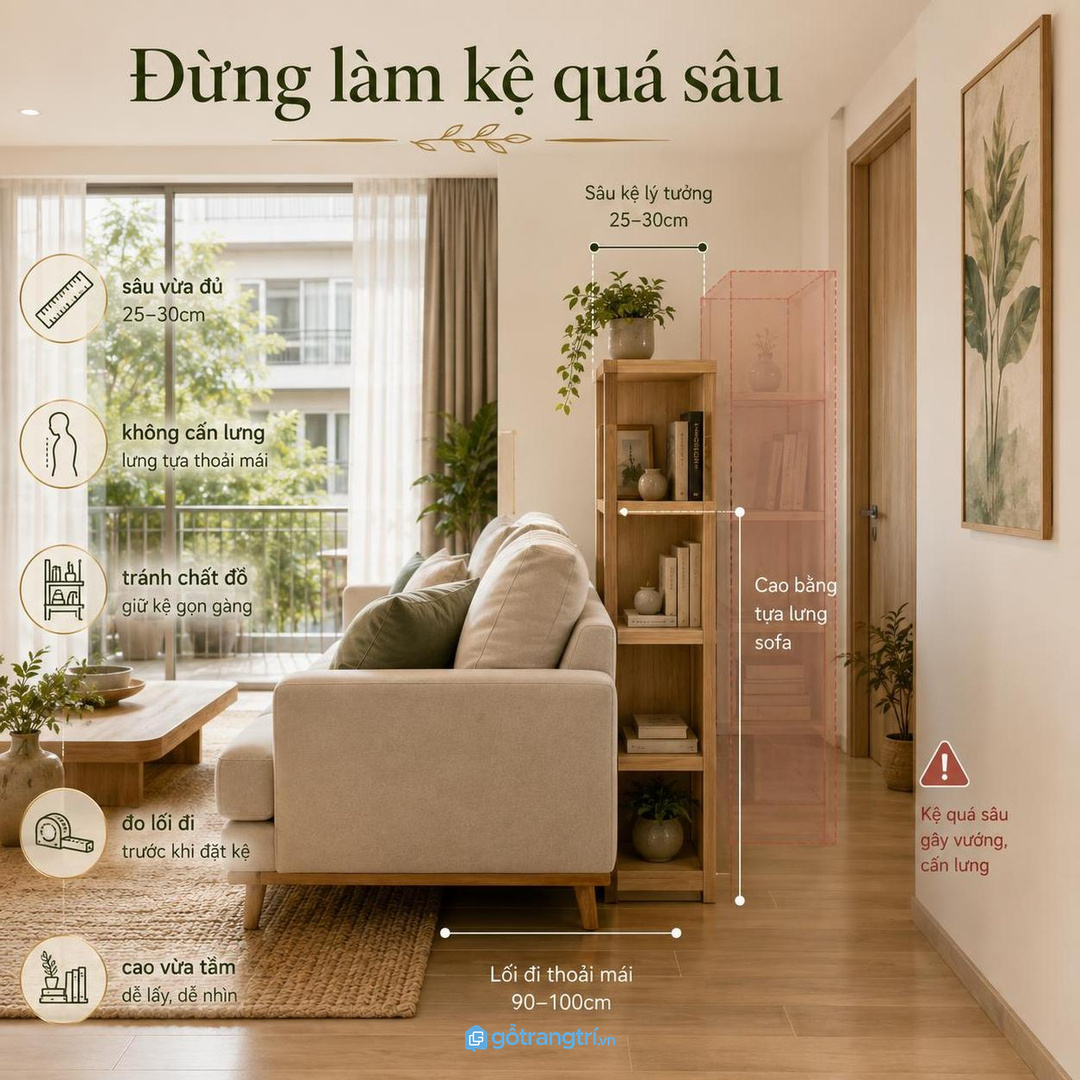 Kệ sau sofa nên thấp vừa tầm để không che nền tường và không nặng phòng
