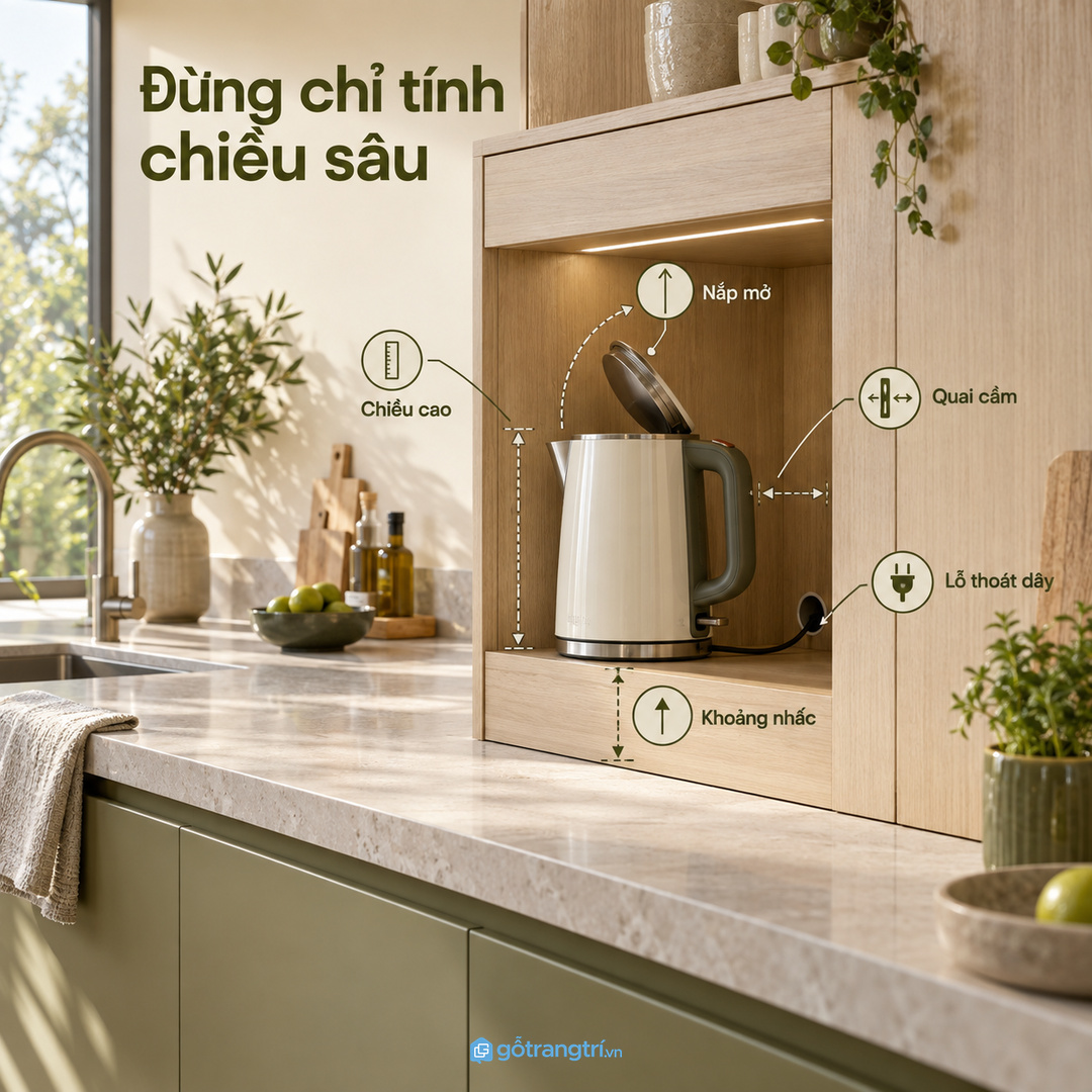 Đo chiều cao khoang để ấm cao thấp đứng vững, không phải nằm ngang