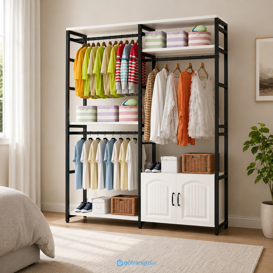 Tủ mở cần giữ nhịp sắp xếp để phòng ngủ không bị rối thị giác