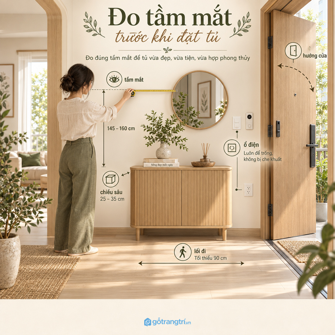 Đo tầm mắt hướng cửa chiều sâu và lối đi trước khi đặt tủ