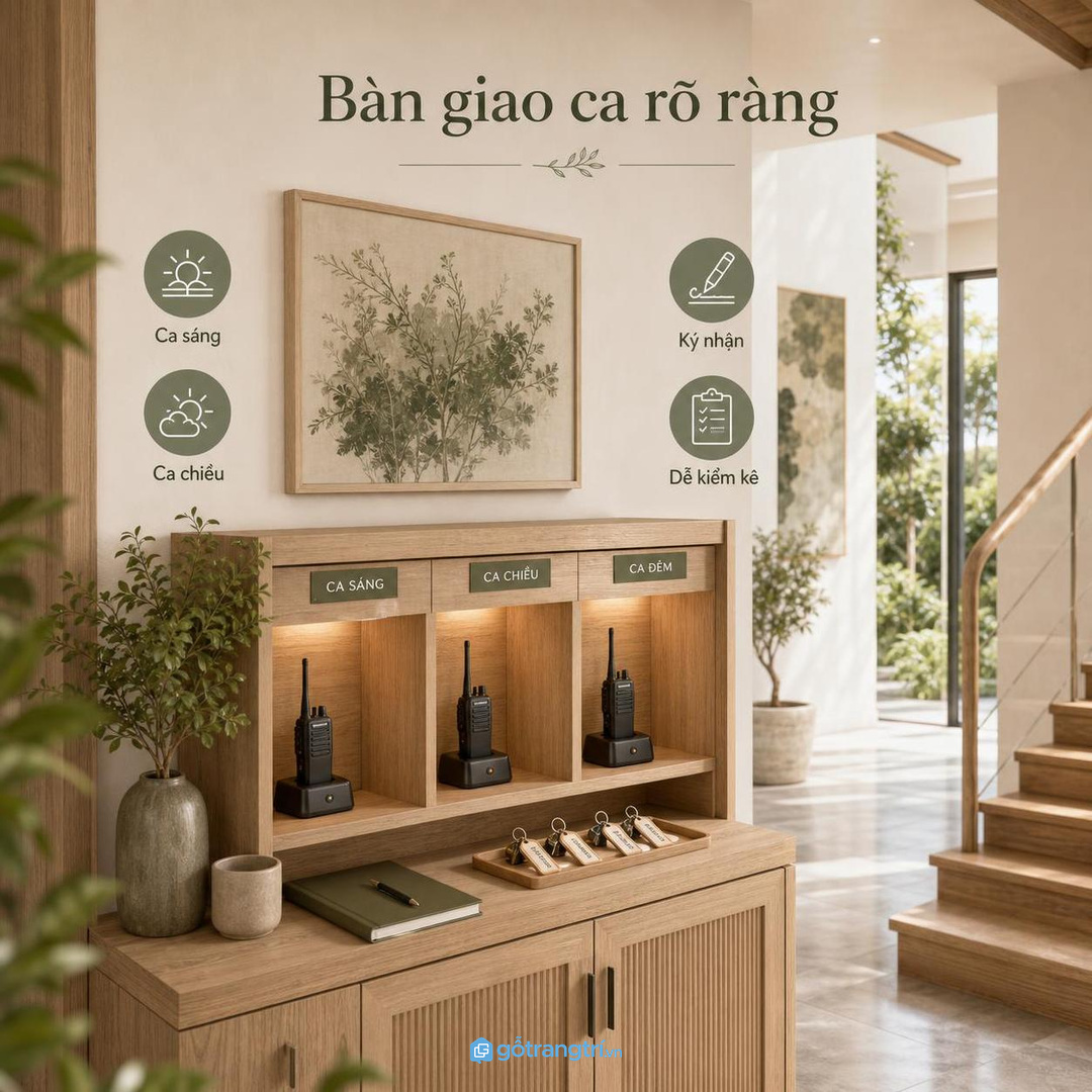 Bàn giao ca rõ ràng hơn khi bộ đàm chìa khóa và sổ trực nằm đúng vị trí