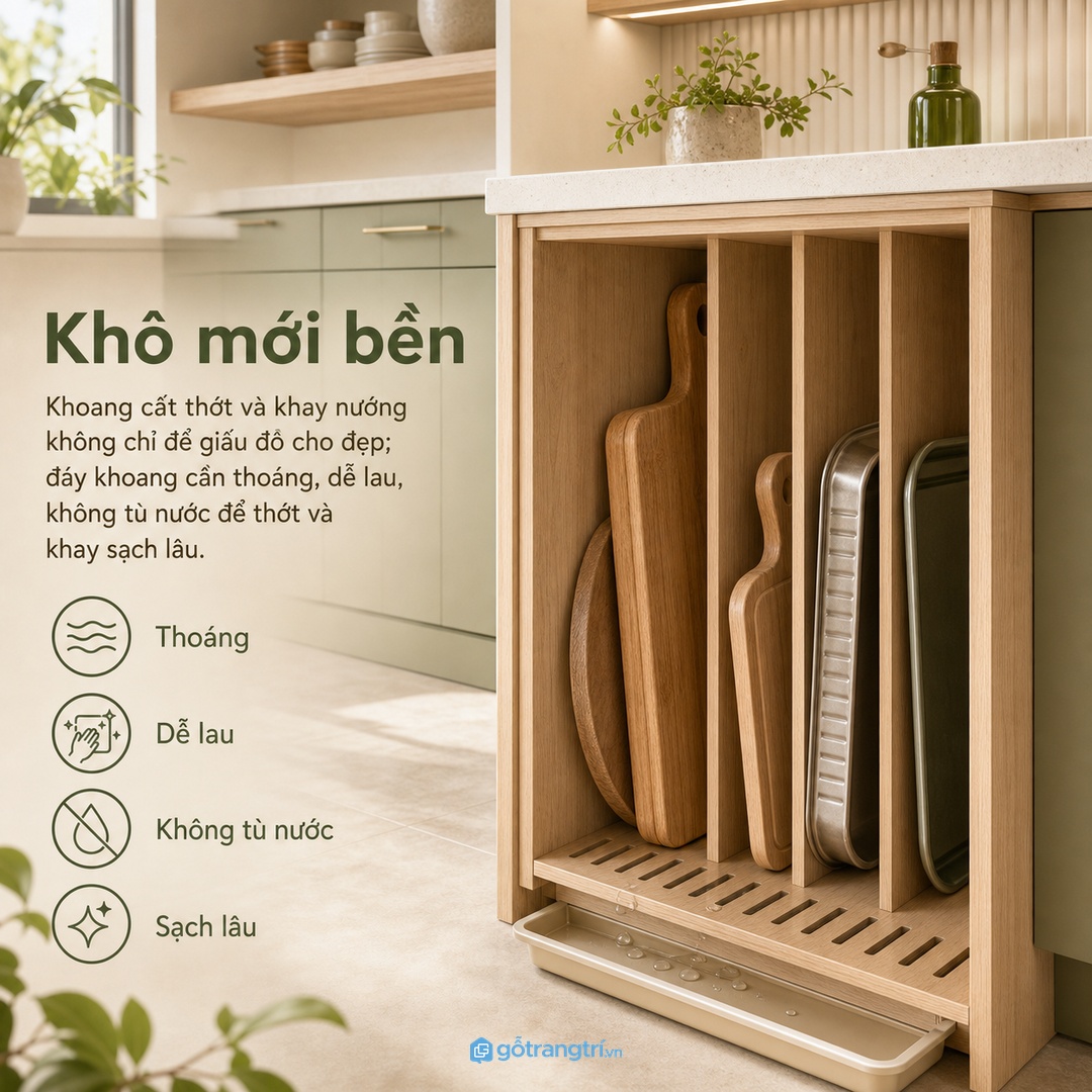 Khoang thớt và khay cần khô thoáng, dễ lau và không tù nước