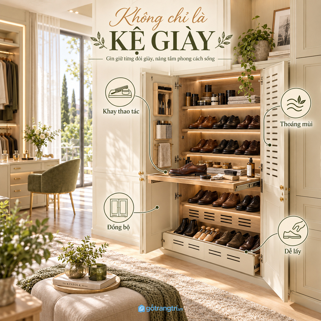 Tủ chăm sóc giày da không chỉ là kệ giày mà cần khoang dụng cụ và khay thao tác