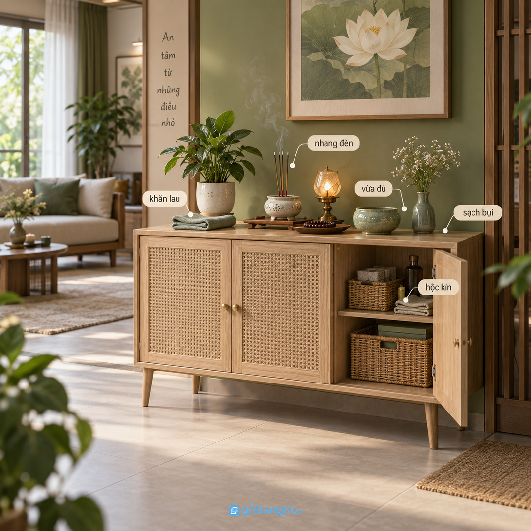 Bày vừa đủ giúp góc phong thủy nhẹ mắt và dễ lau hơn mỗi ngày
