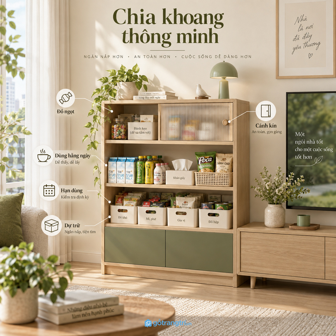 Không phải cứ giấu hết bánh kẹo là phòng khách sẽ dễ dùng