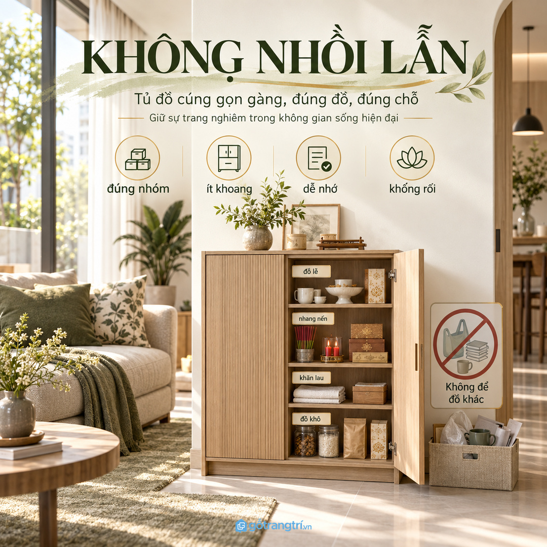 Không nên biến tủ đồ cúng thành kho đồ phong thủy lẫn lộn