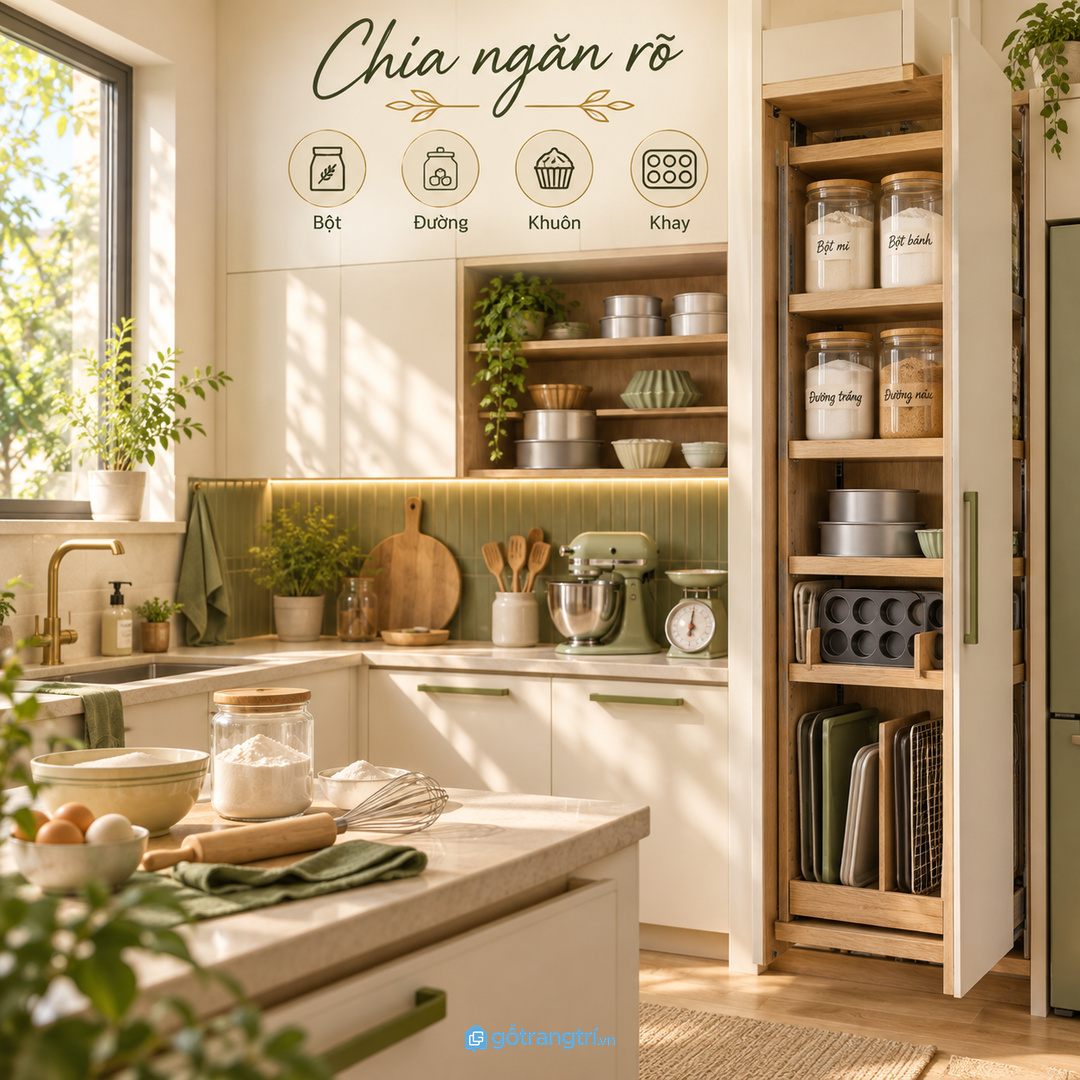 Kệ mở và giỏ tạm dễ khiến đồ làm bánh bám bụi và khó tìm