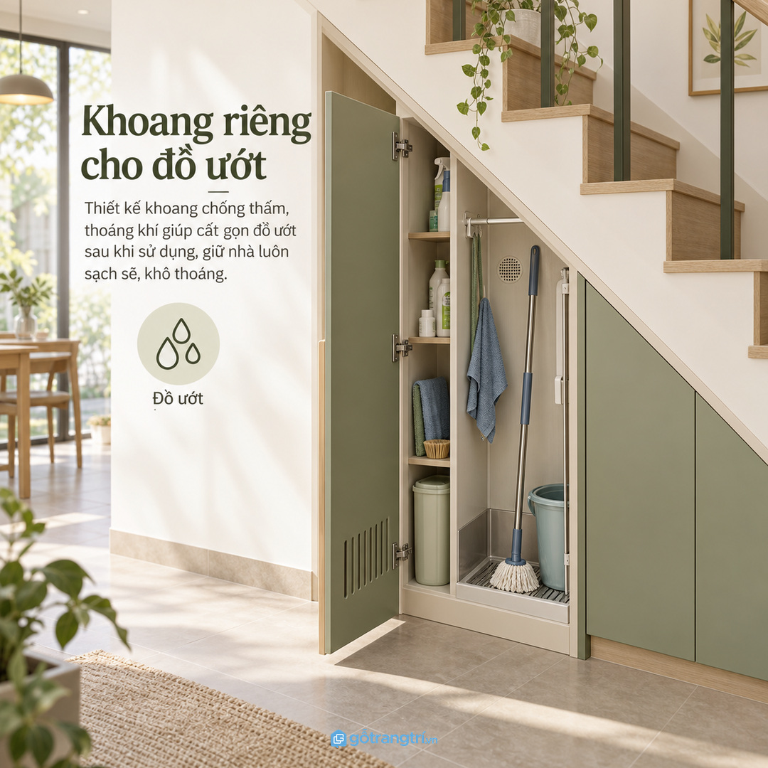 Tủ lau dọn tốt phải kín gọn thoáng vừa đủ và dễ mở khi cần dọn nhanh