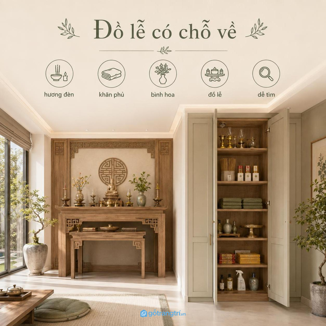 Tủ phụ kín đáo sau bàn thờ giúp mặt ngoài sạch và bên trong ngăn chia rõ
