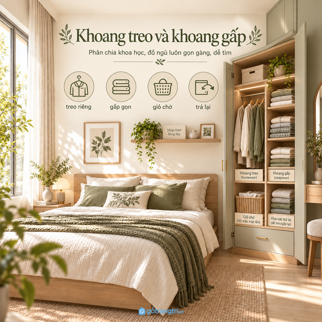 Khoang treo và khoang gấp giúp đồ mặc nhà không lẫn vào quần áo sạch