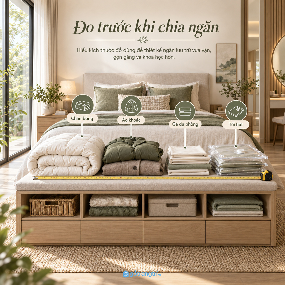 Cuối giường là vị trí lưu trữ kín gọn nếu giữ đúng chiều sâu và lối đi