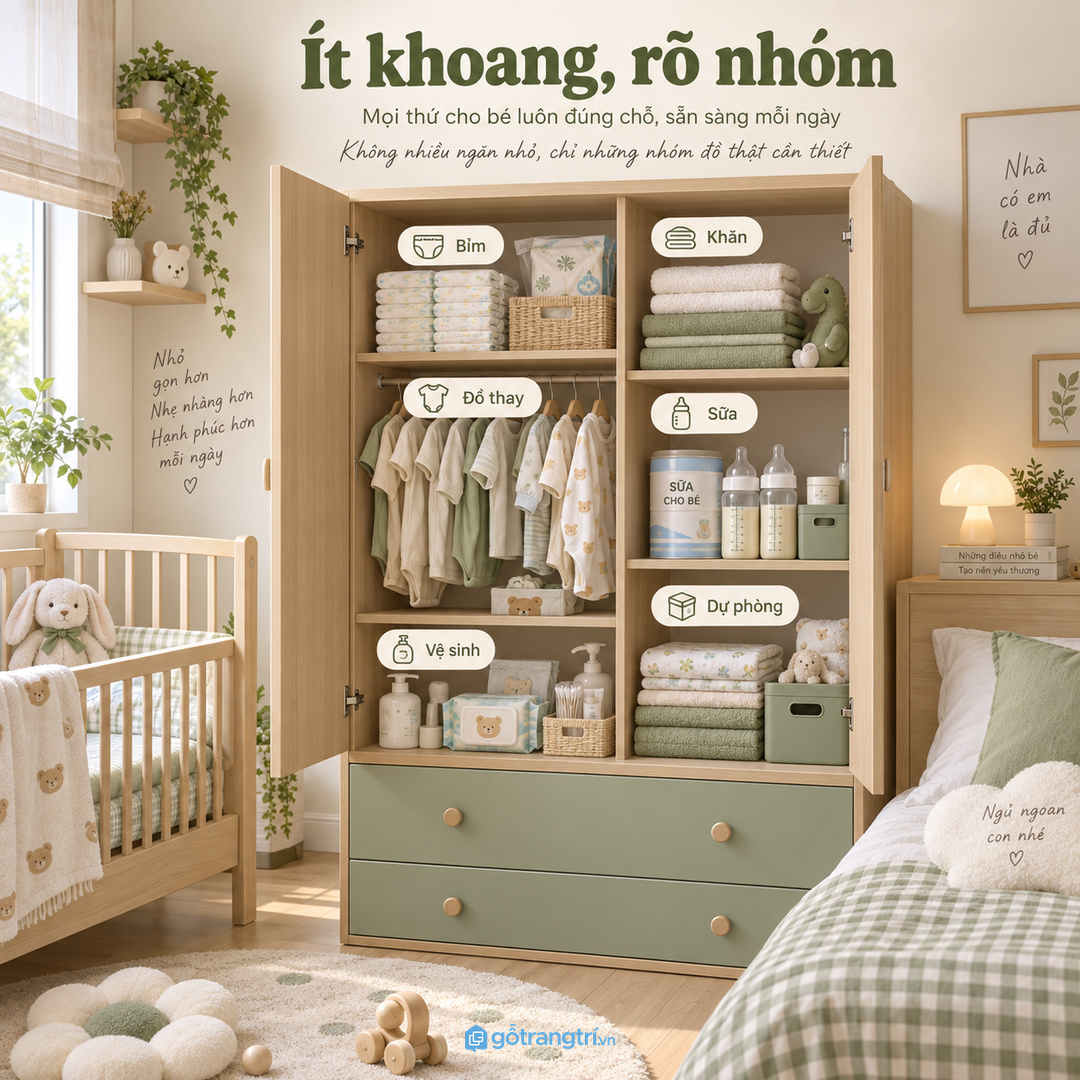Tủ sơ sinh nên ít khoang nhưng rõ nhóm đồ