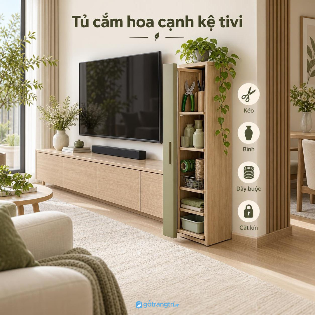 Khoang cất kéo bình và dây buộc nên kín gọn để mặt kệ tivi không rối